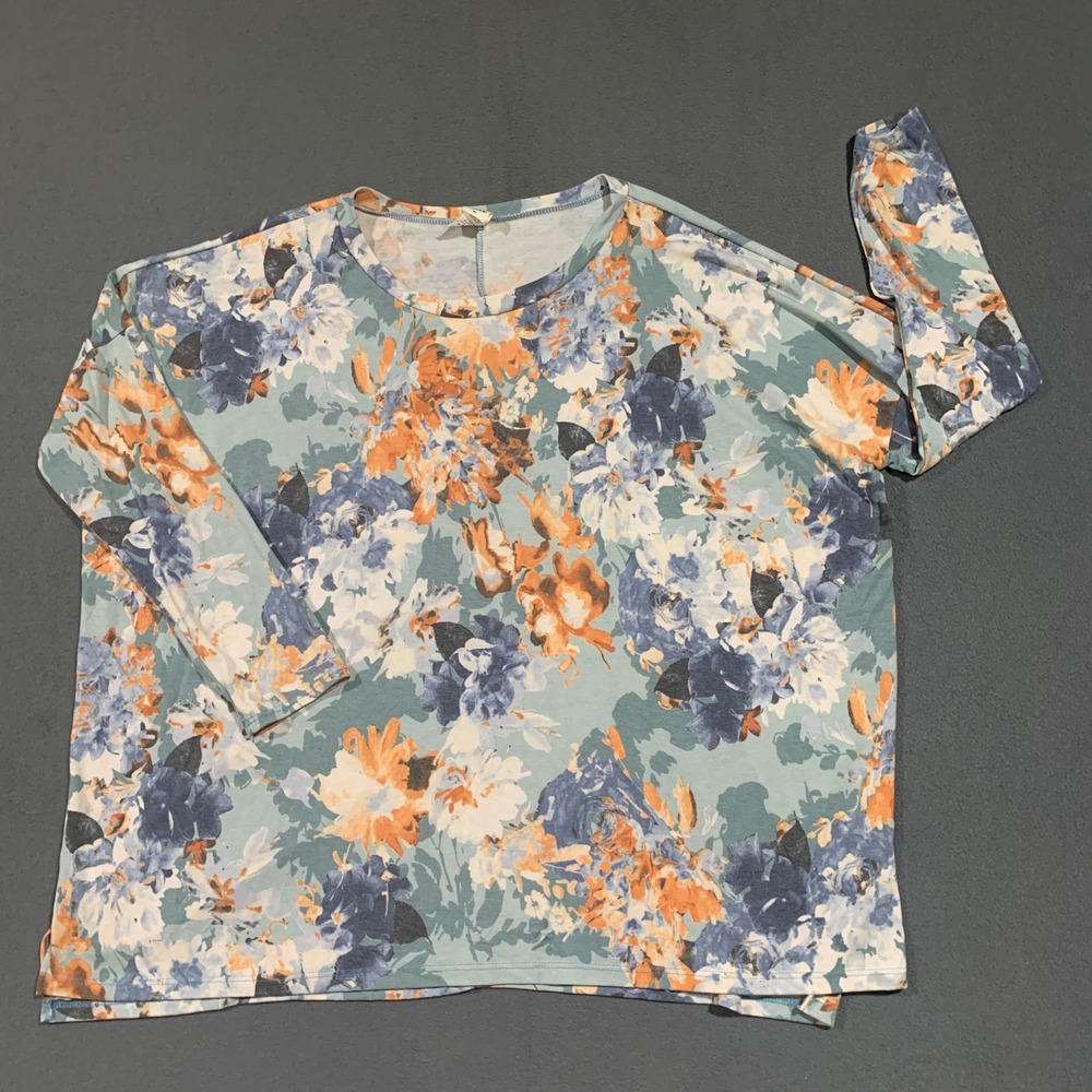 Sew‎ Love Womens XL Floral Print Long Sleeve Top Blouse Blue Orange